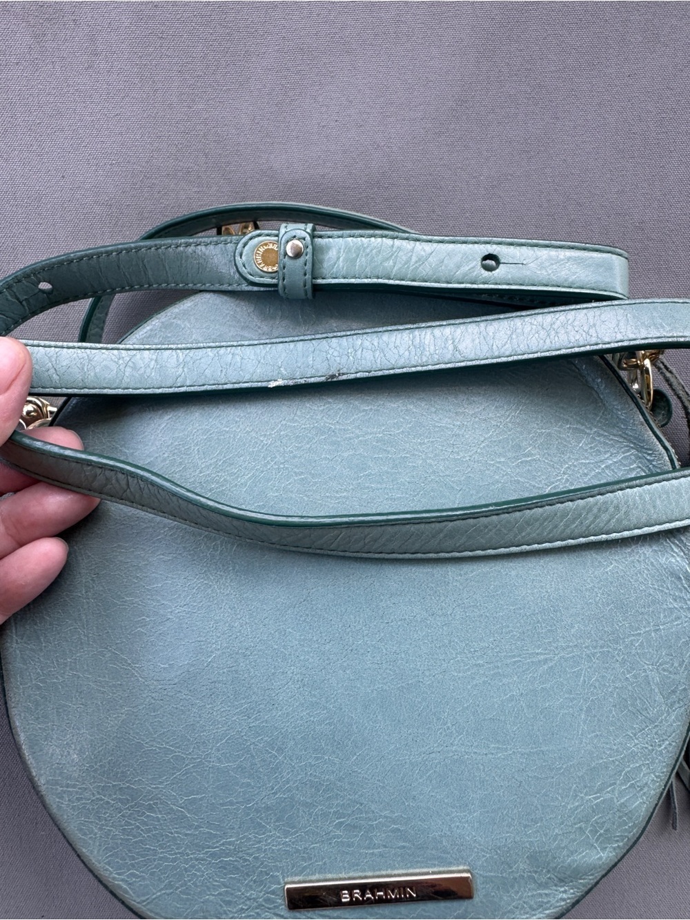 Brahmin Lane Circle Crossbody Bag Sage Green Leather Round Tassel Top Handle - Picture 12 of 16